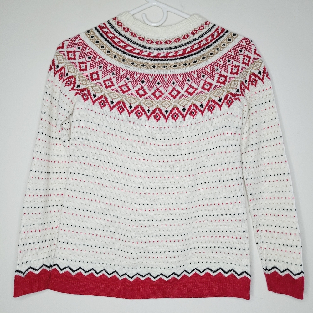 Talbots Diamond Fair Isle Nordic Sweater Fisherman Petite White Ivory Red Khaki - Picture 2 of 7